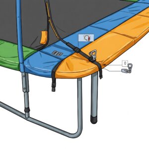 Trampoline Pad attachment types illustration showcasing various methods for securing a pad, including straps and hooks.