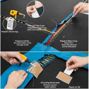 Trampoline Repair Kit: Illustration showing how to mend a torn frame pad using the kit components.