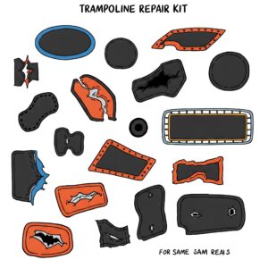 Trampoline Repair Kit: Illustration showcasing various types of patches included for different damage.