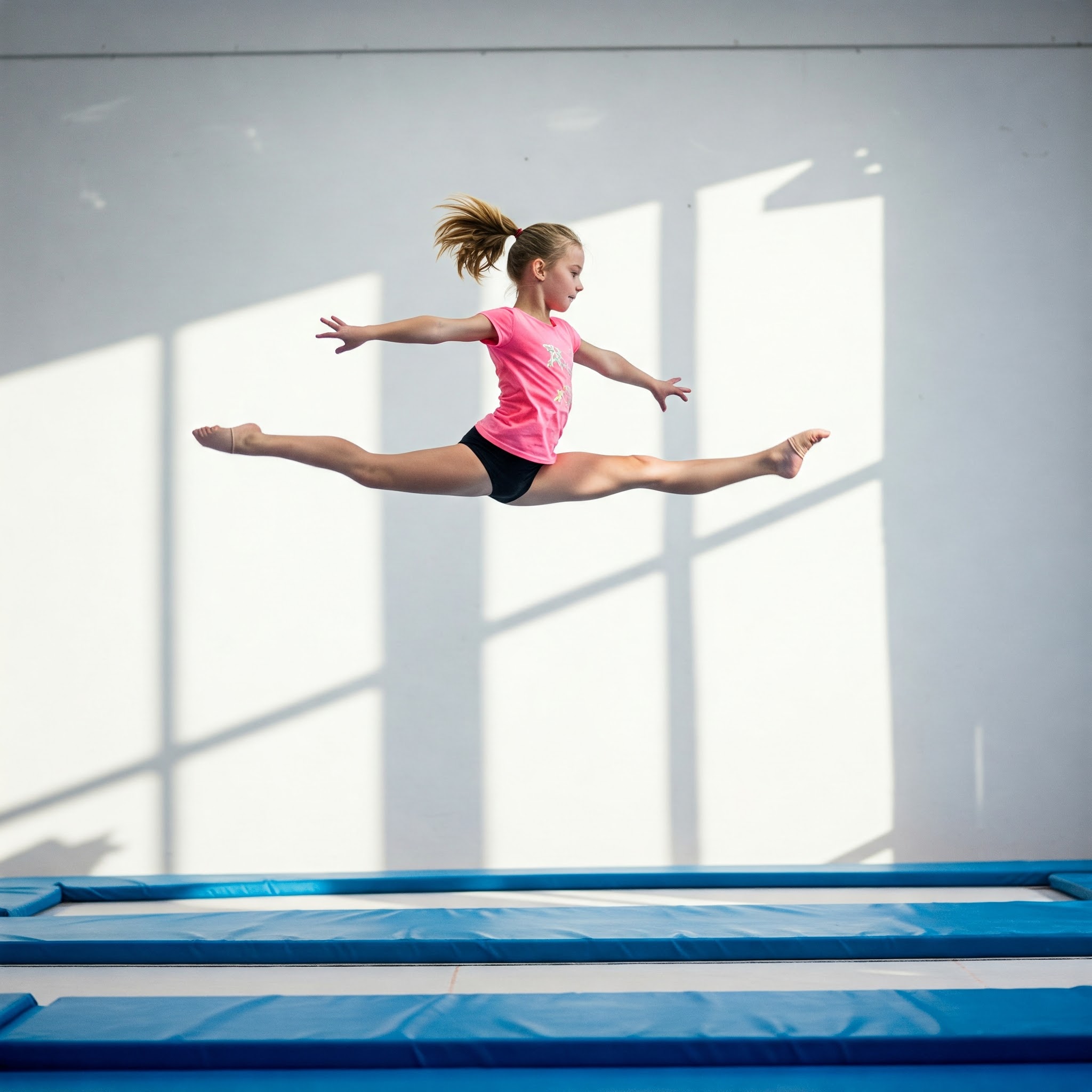 A gymnast practices flips and tricks on a long tumble track trampoline.