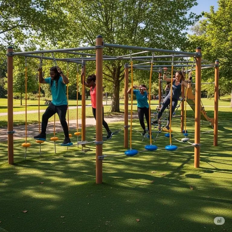 Adults enjoying a challenging and fun jungle gyms for adults designed for fitness and recreation in an outdoor park setting.