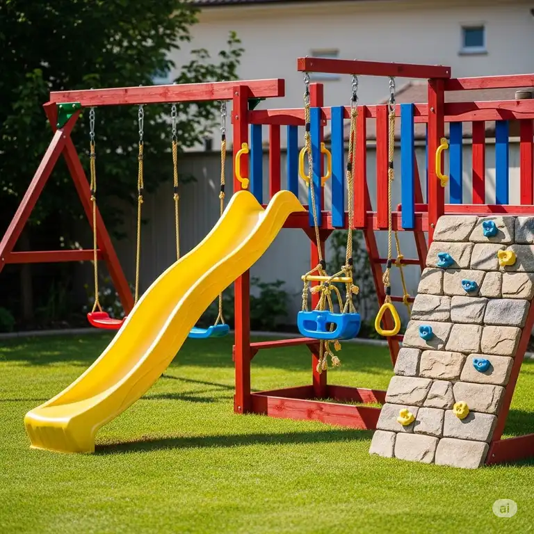 A vibrant backyard climbing structure, perfect for active kids, featuring a slide, swings, and rock wall.