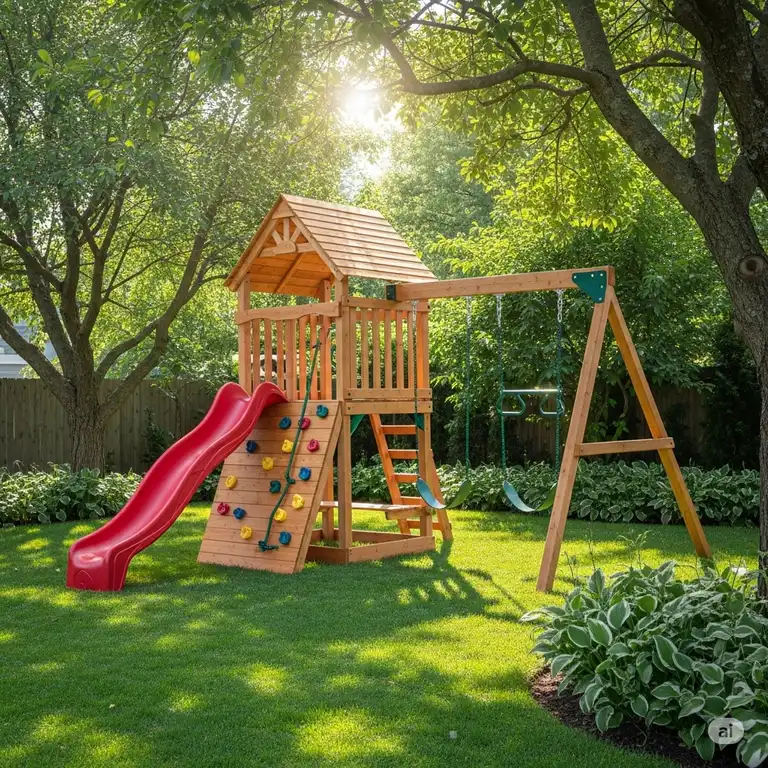 A beautiful cedar swing set with a slide and climbing wall, set against a lush green backyard, perfect for active play.