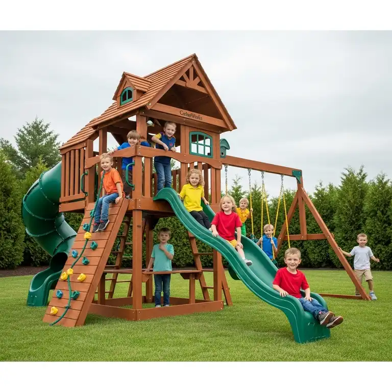 Kids playing on a large, beautiful CedarWorks playset, illustrating the value of CedarWorks playset prices.