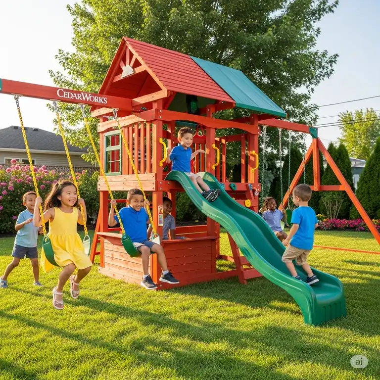 "A vibrant CedarWorks playset with children laughing and playing, illustrating common themes from CedarWorks playset reviews."