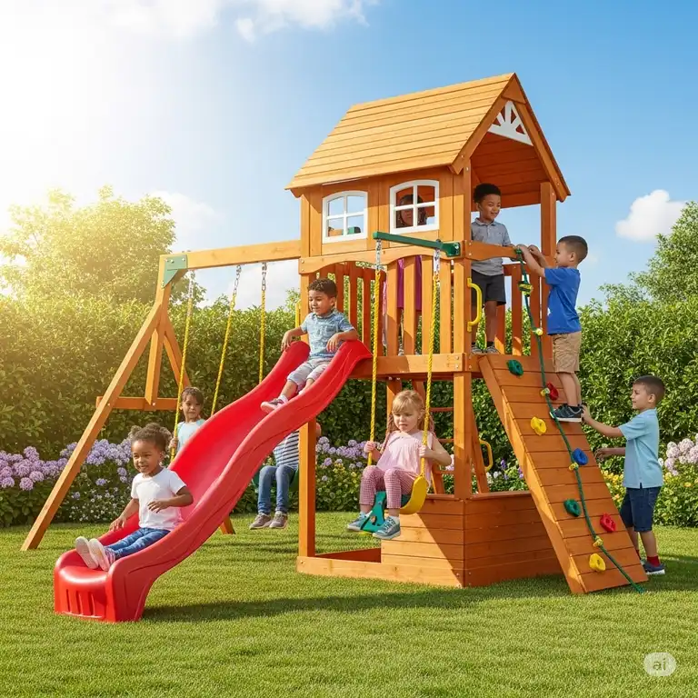 A vibrant, multi-level compact wooden playset featuring a slide, swings, and climbing wall, set in a sunny backyard with children playing.