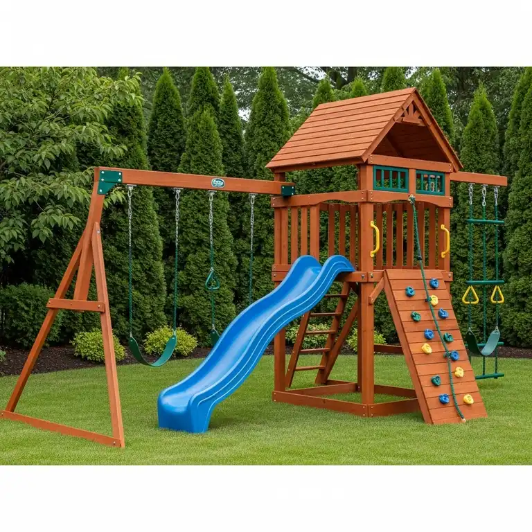 A vibrant wooden Eastern Jungle Gyms playground set, featuring multiple swings, a slide, and rock wall, perfect for backyard play.