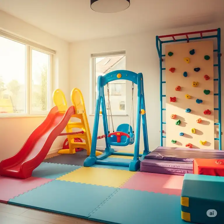 A vibrant indoor home playground with a slide, swing, and climbing wall, perfect for active children.