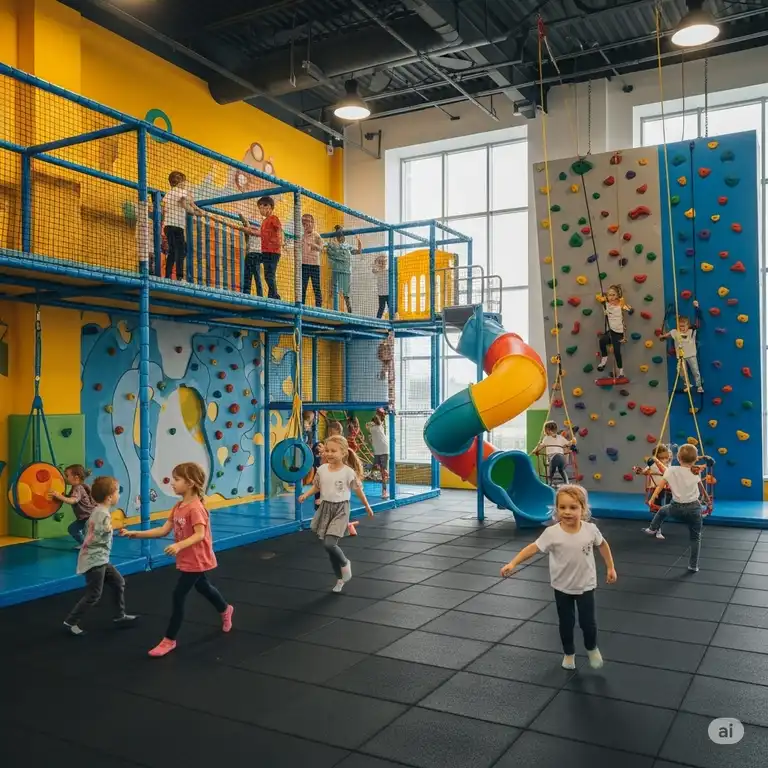 A vibrant indoor kids gym with multiple play structures, a slide, and climbing walls, perfect for active children to develop motor skills and have fun.
