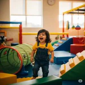 A happy toddler laughing and playing in a colorful indoor play gym for toddlers designed for young children.