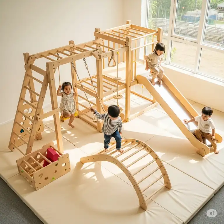 Kids happily climbing on a multi-functional indoor wooden play gym with a slide and monkey bars, perfect for active play.