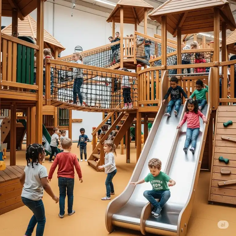 Kids playing happily on a large indoor wooden playground with slides and climbing structures.