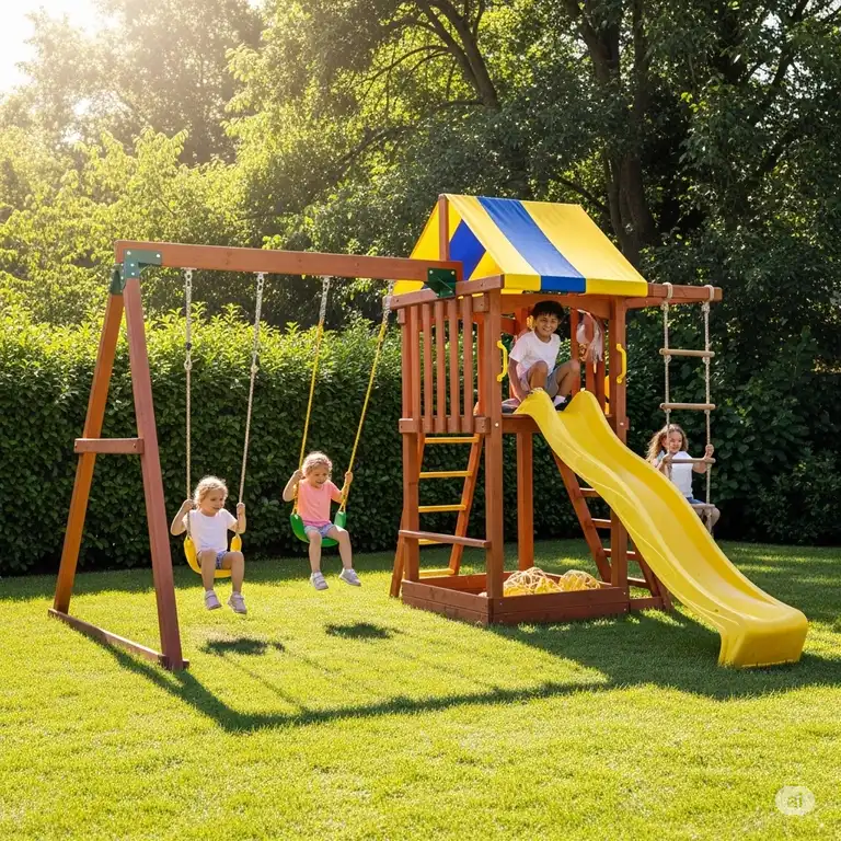 A vibrant wooden jungle gym backyard with swings and a slide, perfectly situated in a sunny backyard, inviting kids to play outdoors.