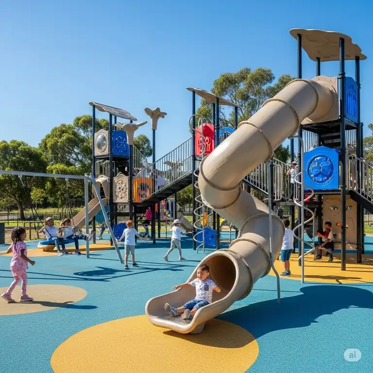 Kids playing on a vibrant jungle gym with a long, twisting slide in a modern playground, showcasing active outdoor fun.