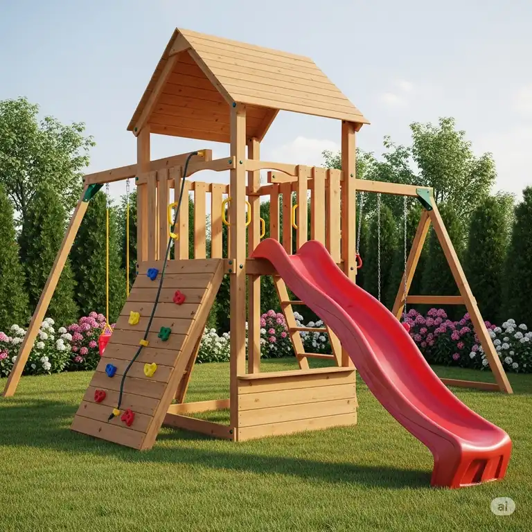 Modern wooden playset with a slide and climbing wall, designed for backyard fun and durable outdoor play.