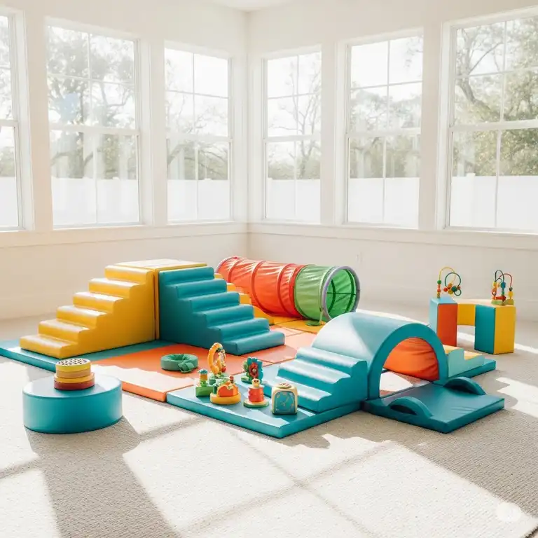 Colorful soft play set for toddlers in a home playroom, encouraging safe exploration and motor skill development.