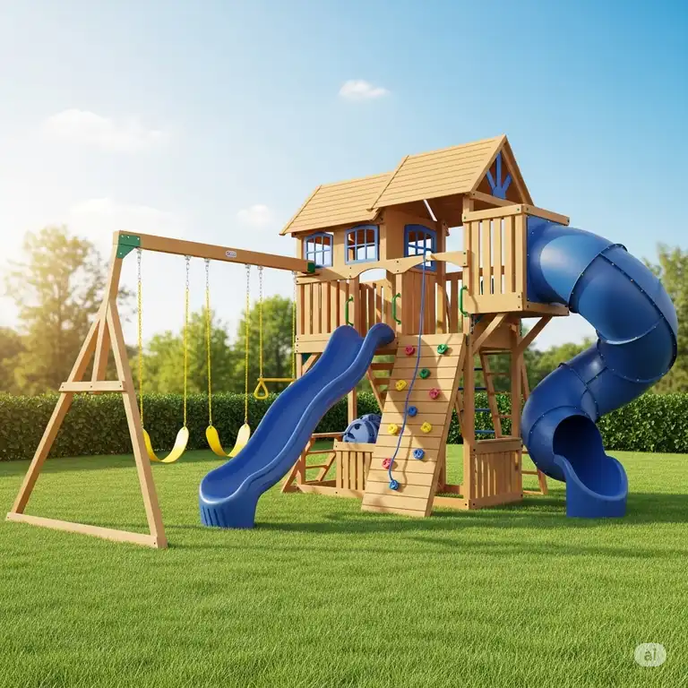 A vibrant, multi-level vinyl backyard playset with swings, a slide, and a climbing wall, perfect for active kids.
