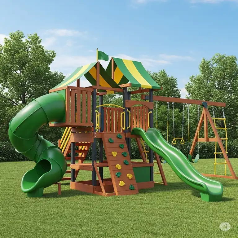 A vibrant, multi-level vinyl playground set with slides, swings, and climbing features, perfect for backyard fun and durable for all weather conditions.
