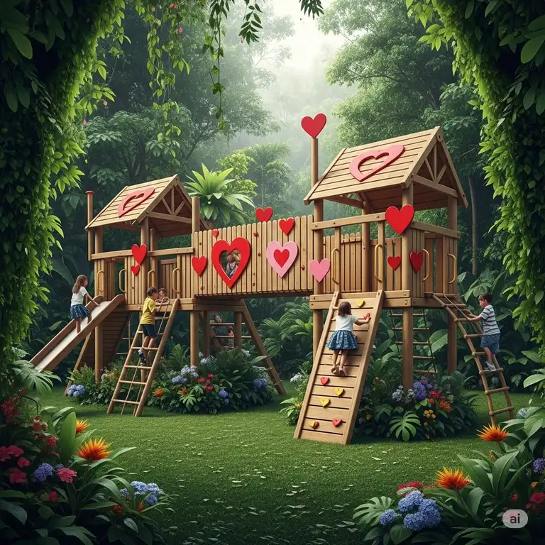Children playing happily on a natural wood and hearts jungle gym in a backyard.