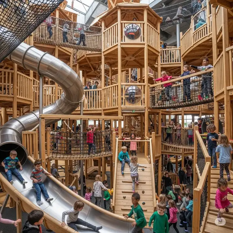 Kids playing happily in a large, multi-level wooden indoor playground with slides and climbing structures.