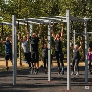 Diverse group of adults performing exercises on a sturdy outdoor jungle gyms for adults, utilizing horizontal bars and hanging rings for upper body strength.
