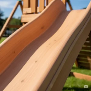Close-up of a sturdy cedar playground slide, showing the smooth, splinter-free finish.