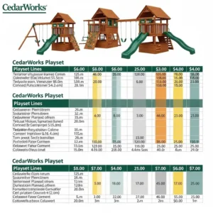 Comparison chart showing CedarWorks playset lines and their associated price ranges, helping customers understand CedarWorks playset prices.