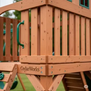 "Close-up of the high-quality cedar wood construction of a CedarWorks playset, highlighting durability often mentioned in CedarWorks playset reviews."