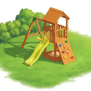 An illustration showcasing a space-saving compact wooden playset design, perfect for smaller backyard areas, with lush green grass surrounding it.