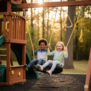 Kids laughing on a durable tire swing, a popular feature of Eastern Jungle Gyms' outdoor playsets.