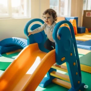 An energetic toddler safely climbing a small slide within an indoor play gym for toddlers, perfect for developing motor skills.