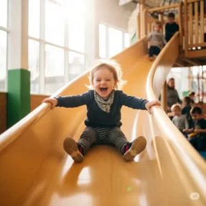 Child laughing while going down a smooth wooden slide in an indoor wooden playground.