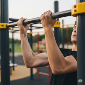 Close-up of a person performing a pull-up on a sturdy metal bar, highlighting the pull-up station of a **jungle gym workout equipment**.