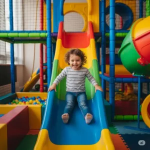 Happy child sliding down a colorful slide in an indoor home playground.