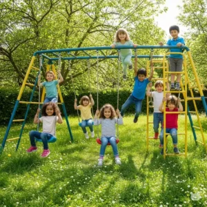 Happy children climbing and swinging on a sturdy metal jungle gym backyard in a spacious green backyard.