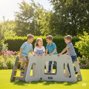 Happy children laughing and playing on a durable, low-maintenance vinyl backyard playset in a sunny garden.