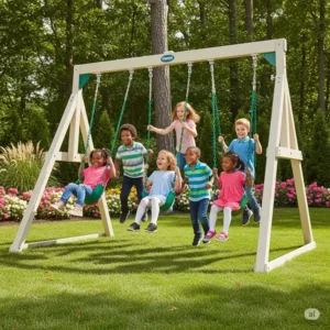 Happy children laughing and playing on a sturdy, maintenance-free vinyl swing set, enjoying a beautiful day outdoors.