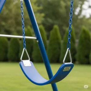 Close-up of a durable metal swing on a backyard playground set, designed for safety and fun.