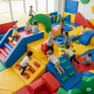 Toddlers happily climbing on a bright modular soft play set, perfect for active indoor fun and developing coordination.