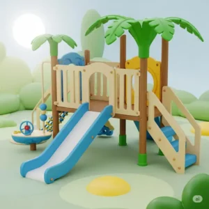 A colorful jungle gym with a gentle slide and safety railings, perfect for young children.