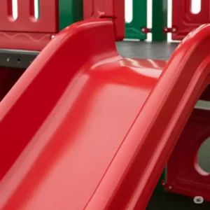 Close-up of a smooth, durable slide on a vinyl playground set, showcasing its weather-resistant construction.