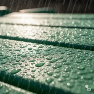 Close-up of fade-resistant vinyl playset material enduring rain and sun, showcasing its weather durability.