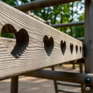 Close-up view of the heart-shaped cutouts on a wooden beam of the wood and hearts jungle gym.