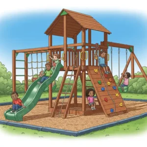 Detailed illustration of a durable wooden backyard climbing frame with various play elements.