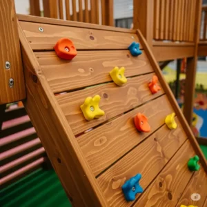 Close-up of a sturdy wooden climbing wall with colorful handholds, part of an indoor wooden indoor jungle gym for toddlers.