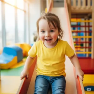 Close-up of a child enjoying a smooth ride down a wooden slide in an indoor playground.