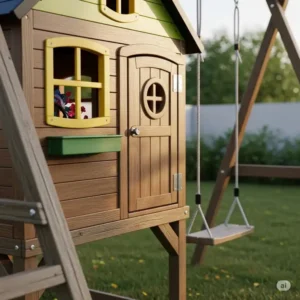 Detailed view of the charming playhouse attached to a wooden swing set with playhouse, showing its windows and door.