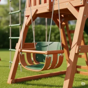 Close-up of a sturdy, comfortable swing on a modern wooden playset, perfect for safe backyard adventures.