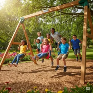 Children laughing and playing on a durable best rated wooden swing set, highlighting the fun and safety.