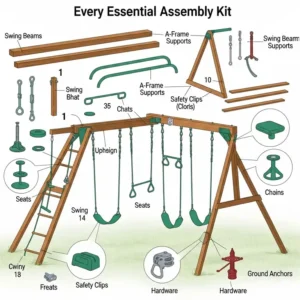 Illustrated diagram showing all the essential components included in a wooden swing set kit for easy assembly.